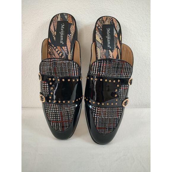 Mens, Black Patent Leather, Plaid, Monk Strap Backless Loafers Mules, Size12 EUC - Picture 6 of 11